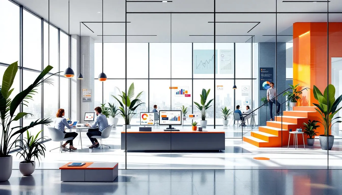 Modern office space with data visualizations and collaborative workspaces supporting strategic planning.