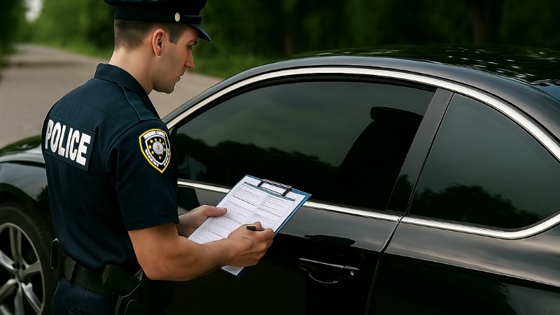 Security officer stopping a car because of too dark windshield film