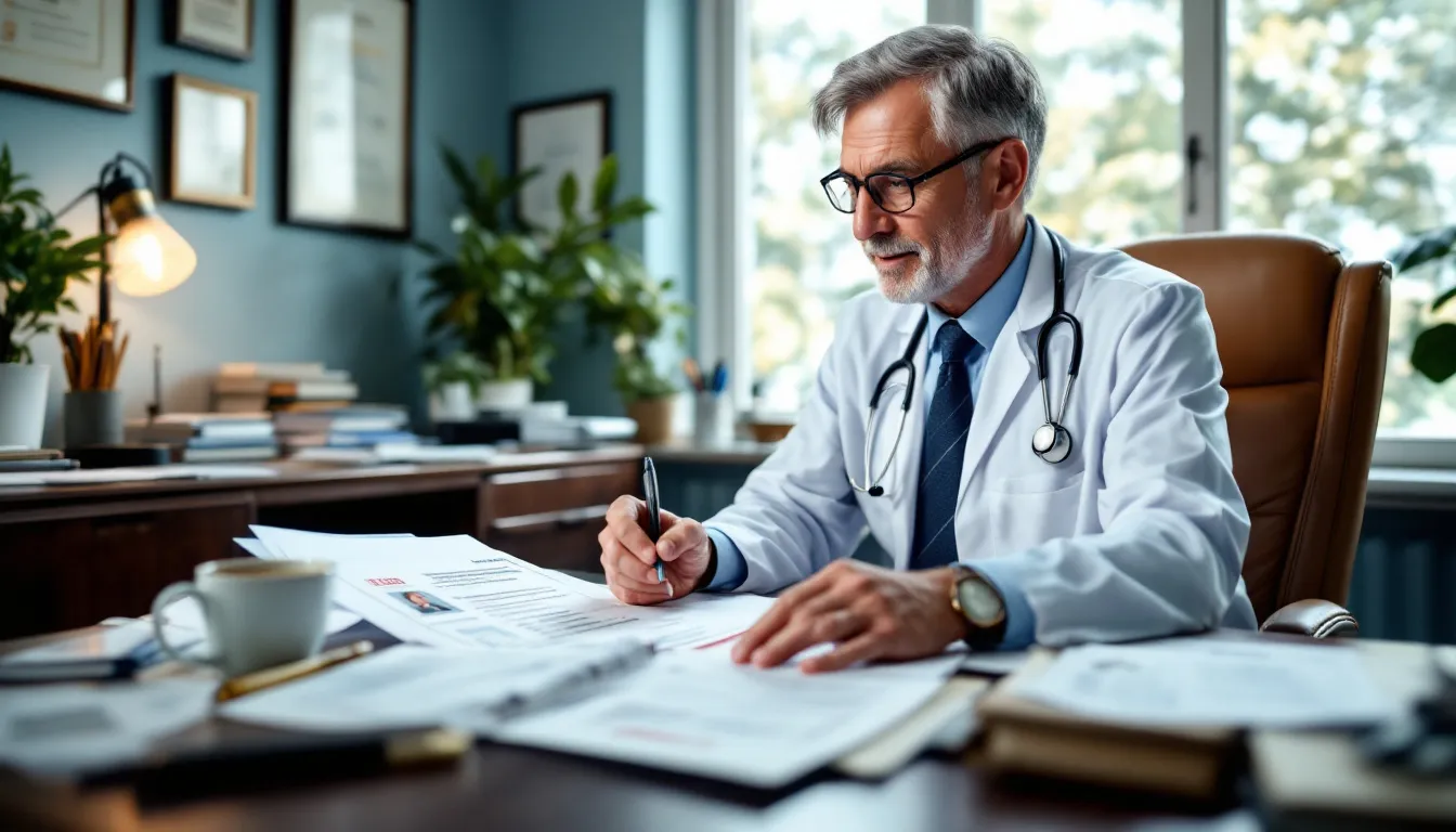 What Not to Say to A Workers Comp Doctor 1 A focused doctor sits at a desk, reviewing a patient's medical history and records related to a work-related injury, emphasizing the critical role of proper documentation in the workers compensation claims process for injured workers. This scene illustrates the importance of thorough medical evaluations and treatment plans in ensuring fair compensation for workplace injuries.