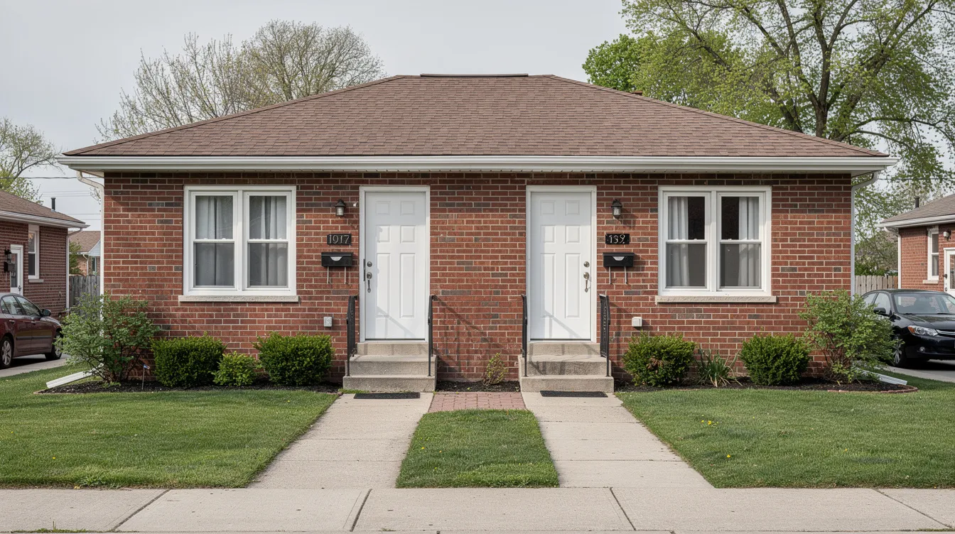 The image features a small brick duplex building with two separate front doors, situated in a suburban neighborhood, representing a potential investment property for real estate investors. This multi-unit property could generate rental income, making it an attractive option for those looking to expand their real estate portfolio.