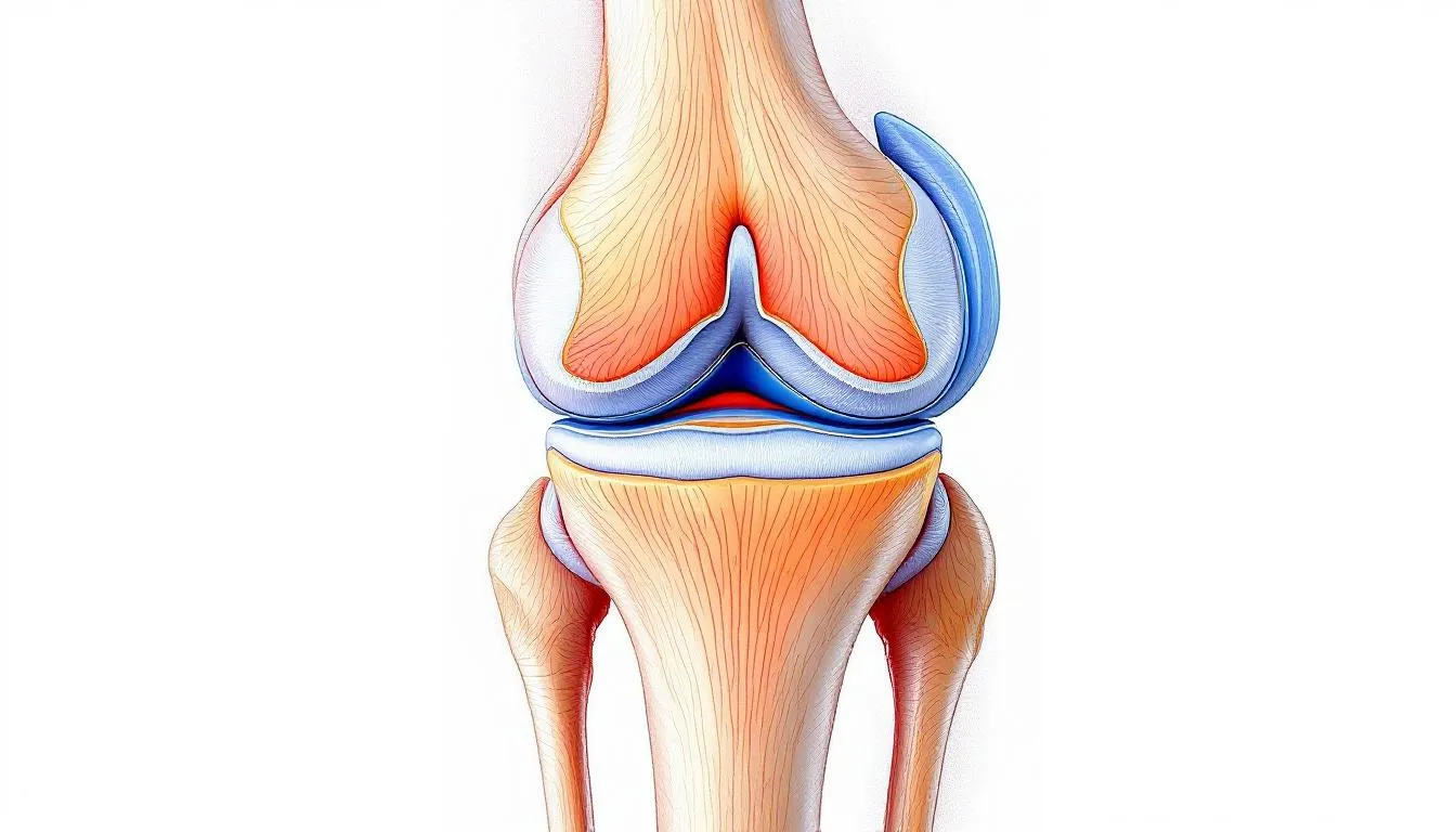 Eine anatomische Darstellung eines gesunden Kniegelenks zeigt die klaren Knorpelflächen und Menisken, die für die Beweglichkeit und Stabilität des Gelenks entscheidend sind. Diese Illustration verdeutlicht die gesunde Struktur des Knies, das häufig von Erkrankungen wie Kniearthrose oder Gonarthrose betroffen sein kann.