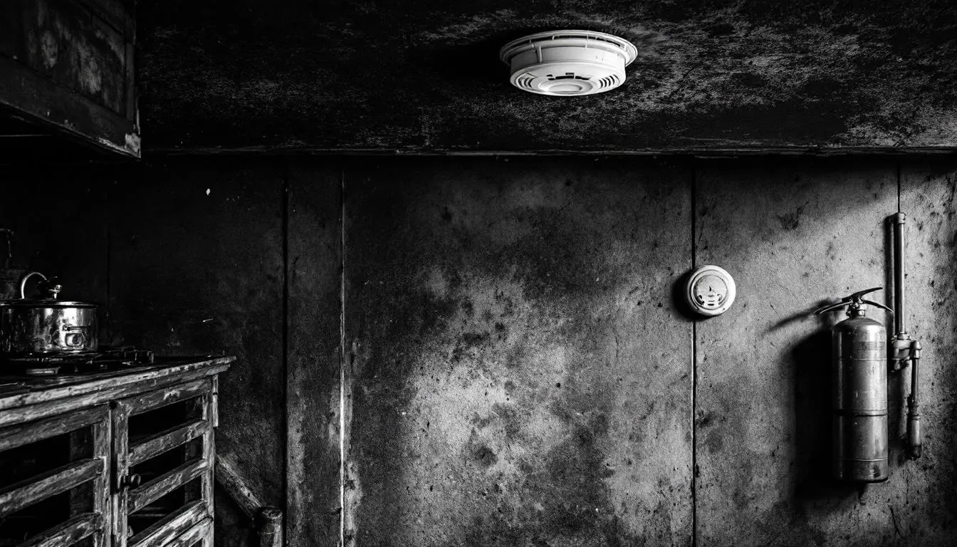 A well-equipped kitchen with smoke alarms and a fire extinguisher, promoting fire safety to prevent future kitchen fires.