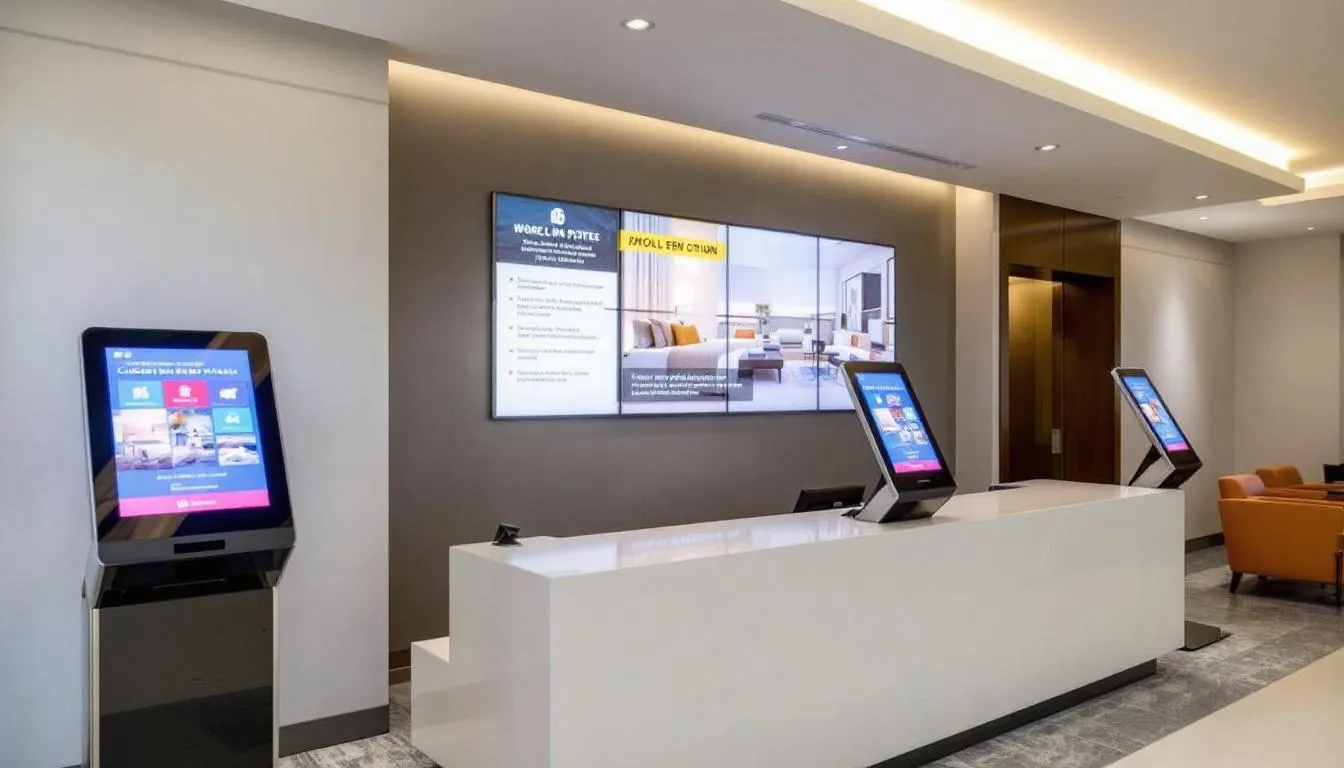Modern hotel reception area showcasing digital check-in kiosks and technology designed to streamline guest acquisition and enhance marketing efforts for increased direct bookings.