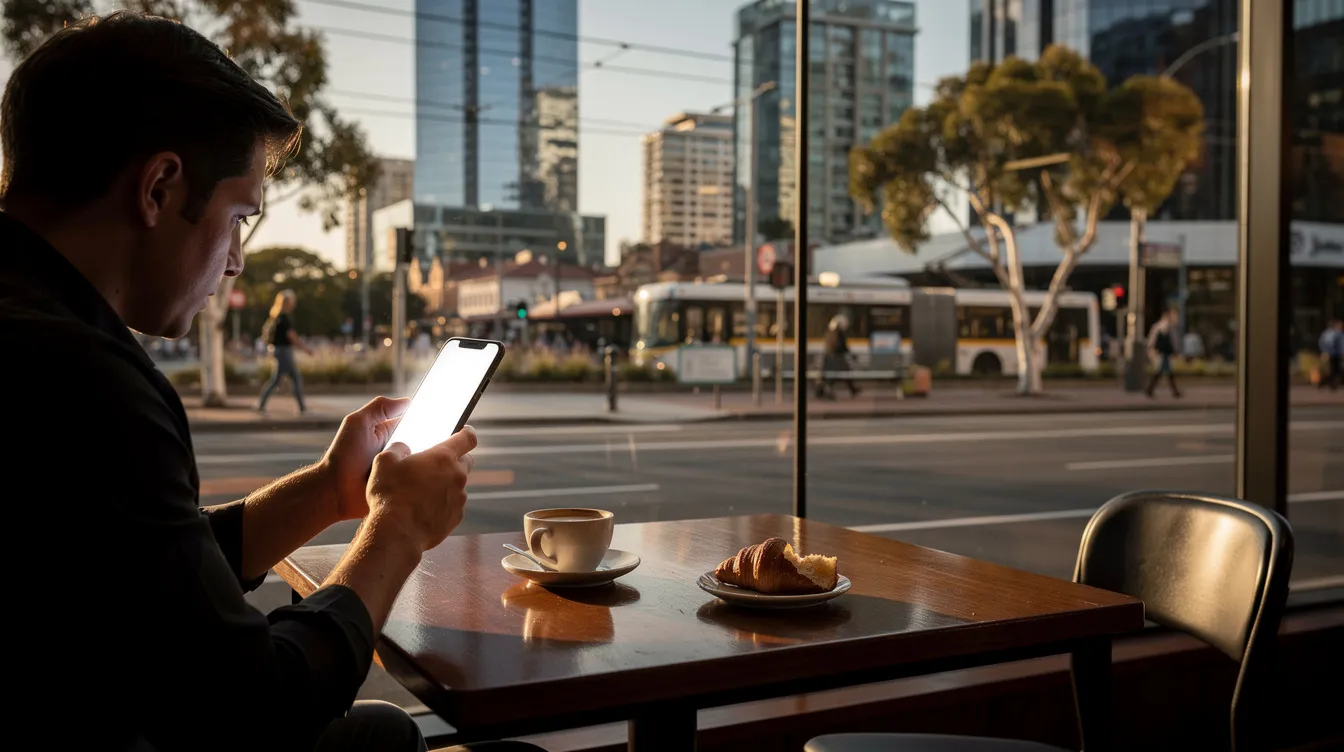 A person is sitting at a café table, focused on their smartphone with a bright screen, while the vibrant Australian cityscape is visible through the window. This scene captures the convenience of online money transfer, allowing users to send money from Australia to Ghana effortlessly.