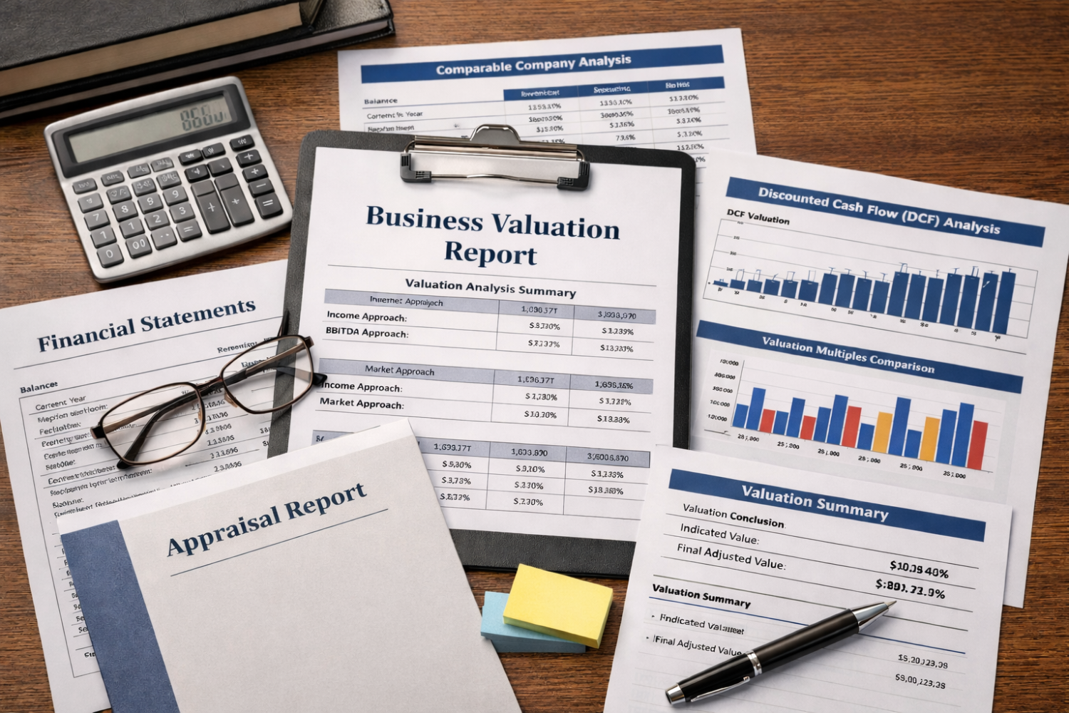 A collection of financial documents, including a Business Valuation Report, Appraisal Report, and financial statements, along with a calculator, glasses, sticky notes, and a pen on a wooden surface.