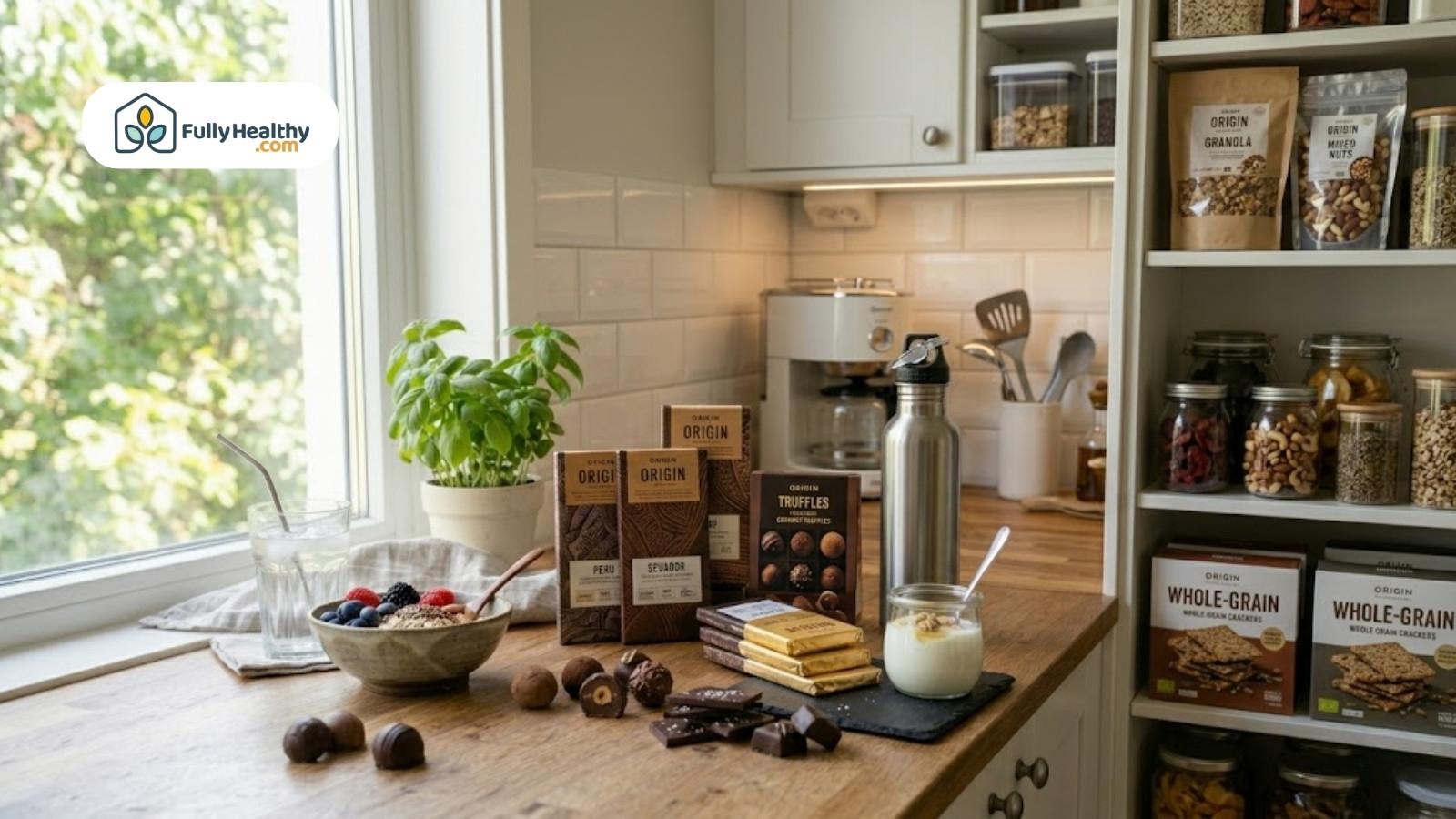 Kitchen counter with chocolate products and healthy foods organized neatly