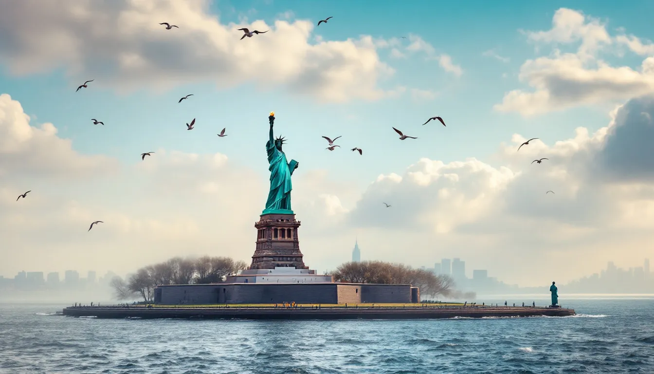 A view of the Statue of Liberty and Ellis Island, iconic landmarks for first-time visitors to New York City.