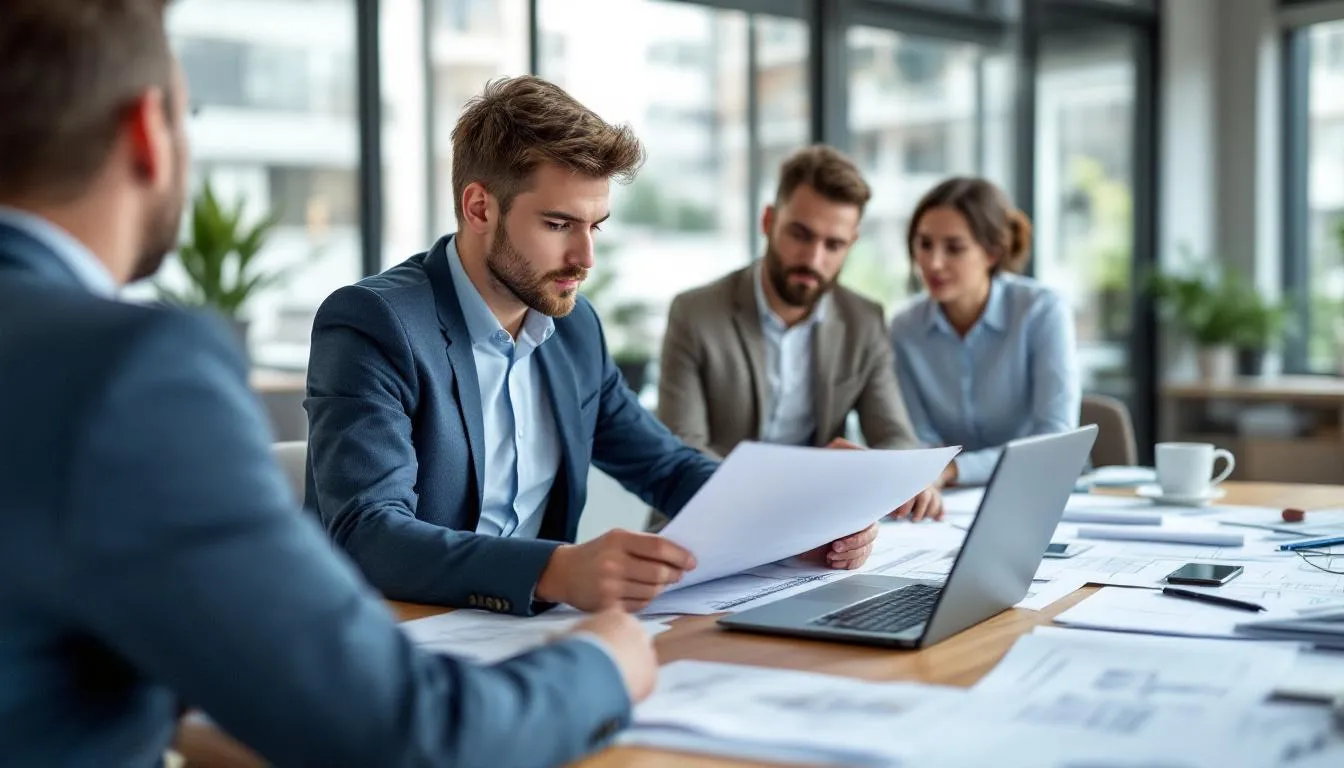 A young professional is seated at a desk, reviewing technical drawings and construction documents alongside engineering consultants, showcasing collaboration and communication in the architecture industry. This scene reflects the essential skills and knowledge required in the professional life of someone studying architecture and pursuing a successful career.
