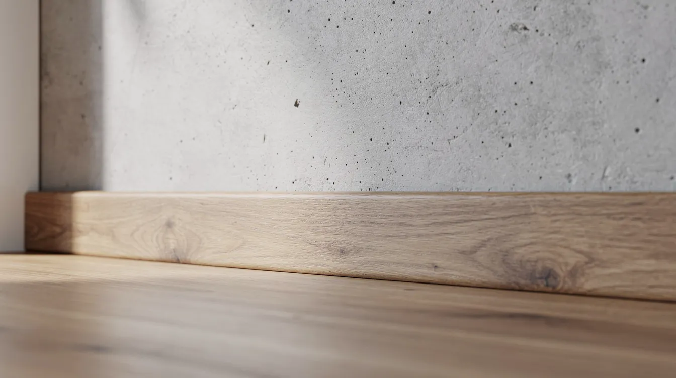 Die Nahaufnahme zeigt eine Küchenrückwand in Betonoptik, die modern und stilvoll wirkt, kombiniert mit einer warmen Holzarbeitsplatte. Diese Kombination aus Materialien schafft einen ansprechenden Kontrast und ist ideal für eine kreative Küchengestaltung.