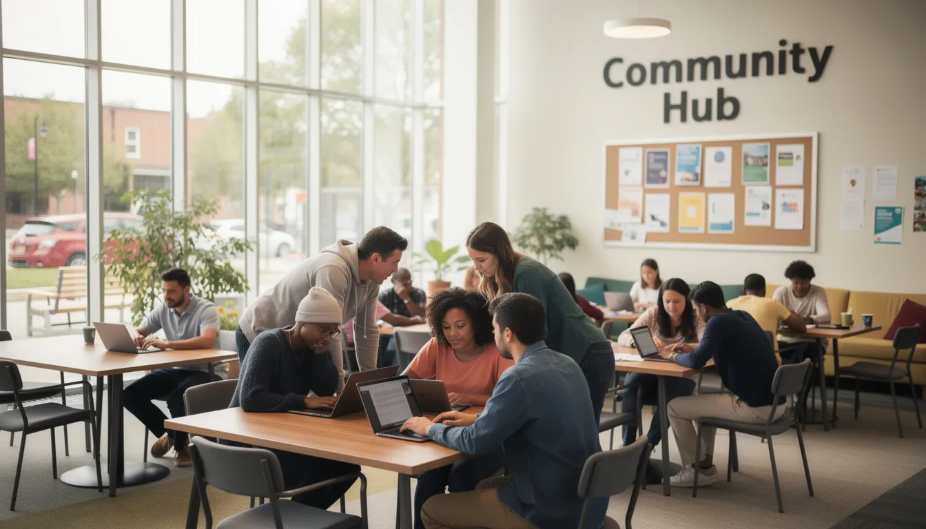 A diverse group of people collaborating at laptops in a modern community setting, planning nonprofit fundraising and outreach.