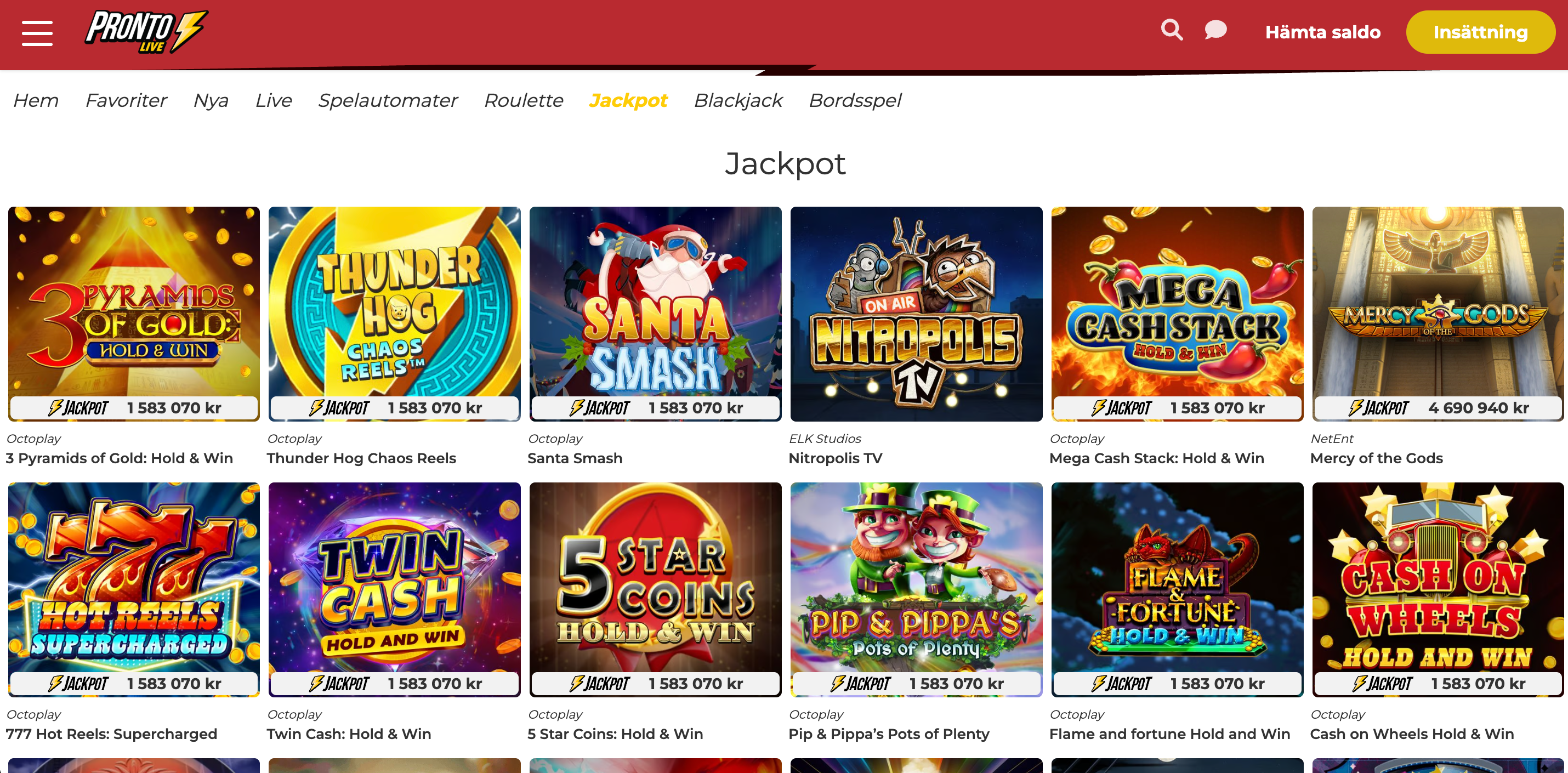 Pronto Live Casino jackpot