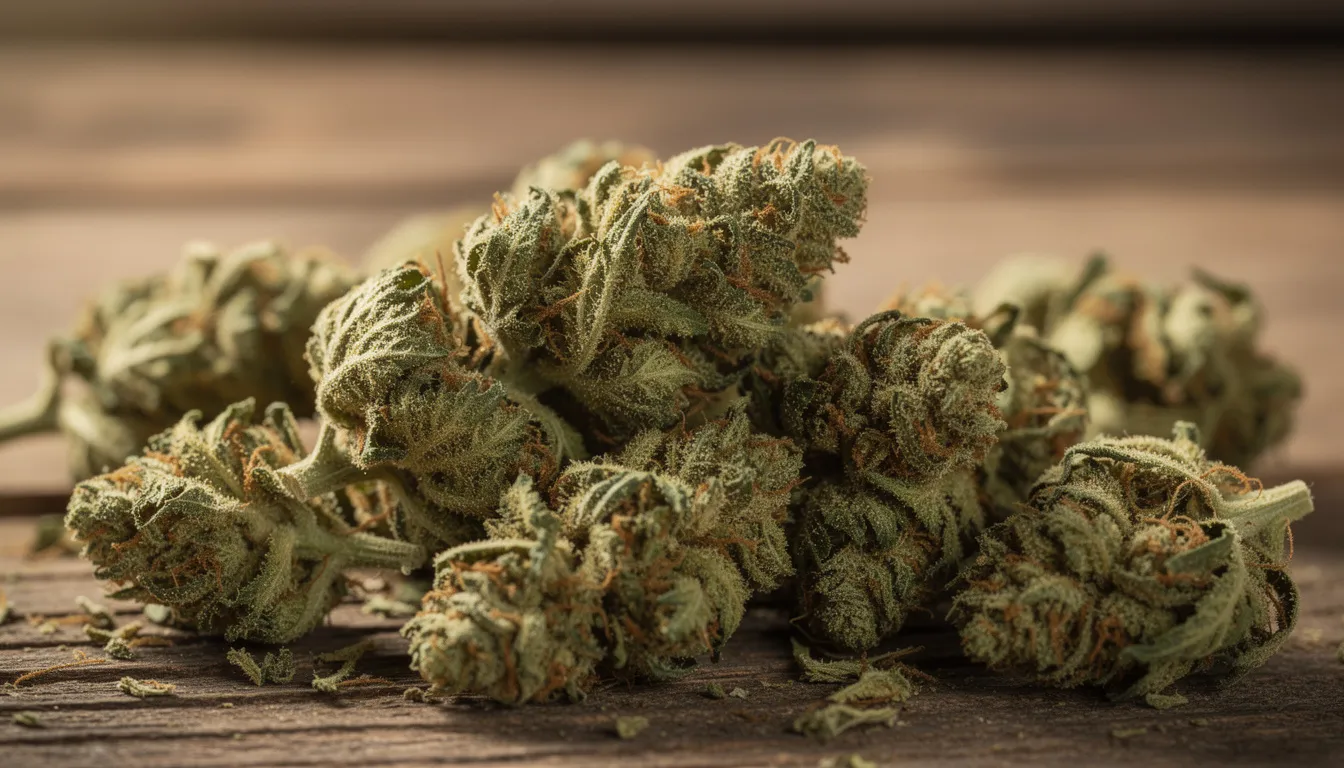 Die Nahaufnahme zeigt getrocknete Hanfblüten, die auf einem rustikalen Holztisch liegen. Die Blüten sind in verschiedenen Grüntönen und mit feinen Trichomen bedeckt, was ihre Qualität und den Genuss von Cannabinoiden hervorhebt.