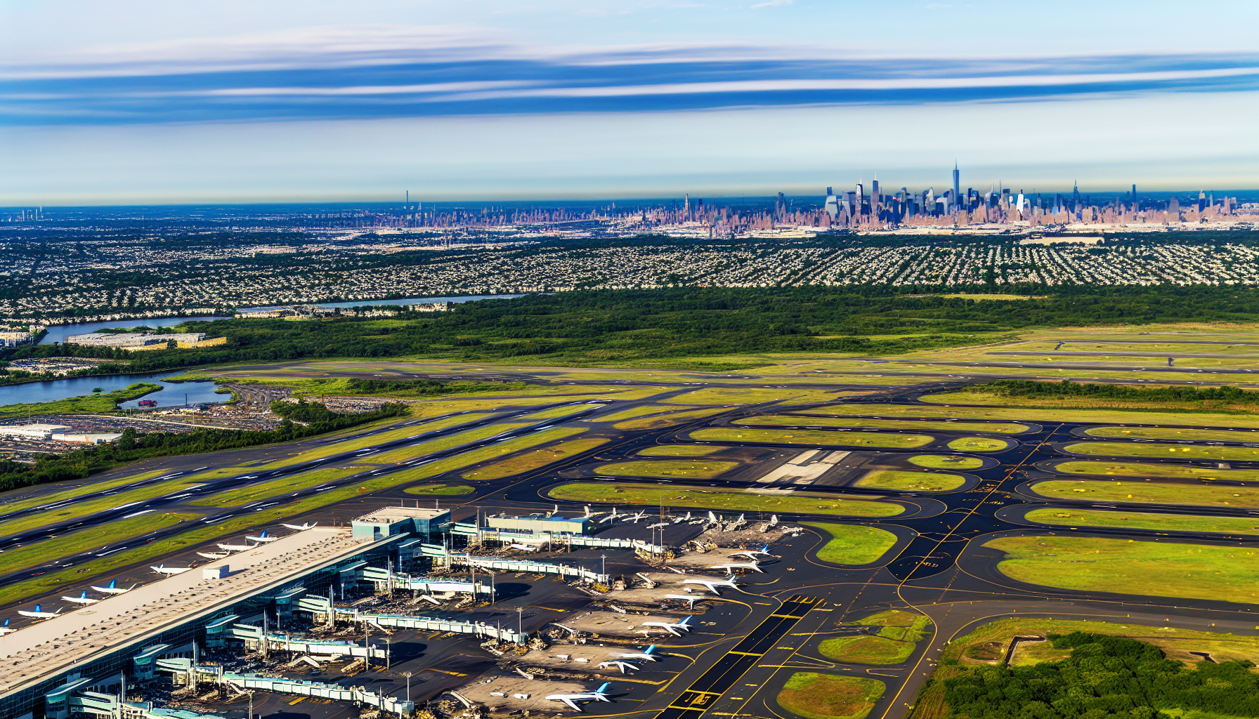 Newark Airport with city skyline in the background