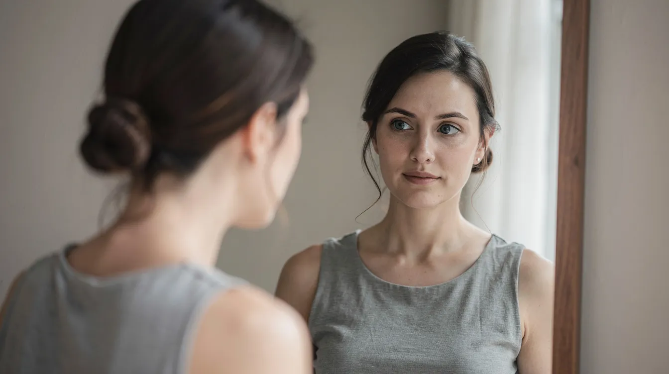 Une personne se regarde dans un miroir, observant son reflet avec un regard naturel. Ses yeux, d'une couleur captivante, semblent exprimer une réflexion sur le changement de couleur et la beauté de son iris.