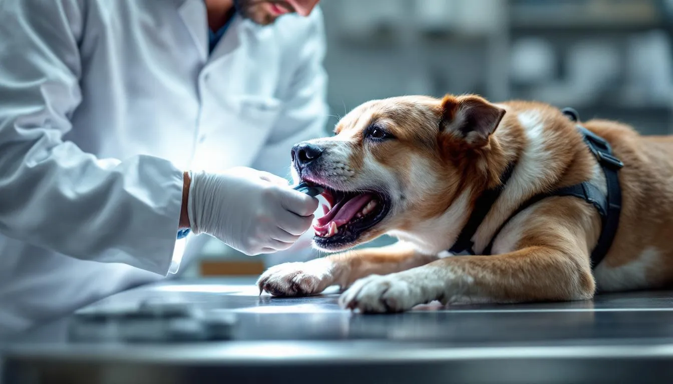 A veterinarian is examining a dog