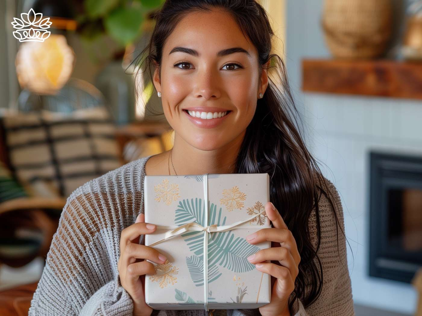 Radiant young woman presenting a beautifully patterned gift box from the 'All Gift Boxes' collection, capturing a moment of joy, courtesy of Fabulous Flowers and Gifts."