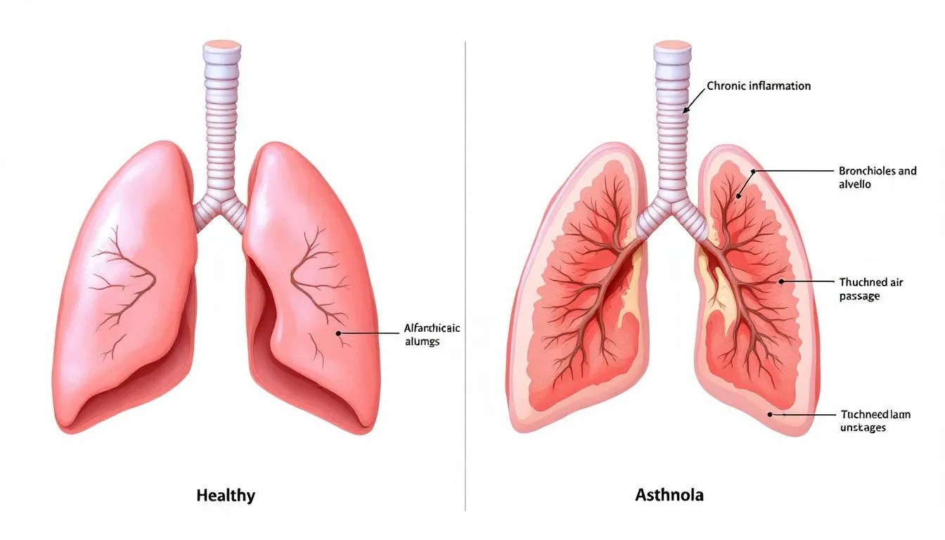 The image compares healthy lungs with asthmatic lungs, highlighting inflammation in the airways that can cause difficulty breathing and shortness of breath, common symptoms of asthma. The visual representation emphasizes how asthma affects lung function, illustrating the narrowing of airways during severe asthma attacks.