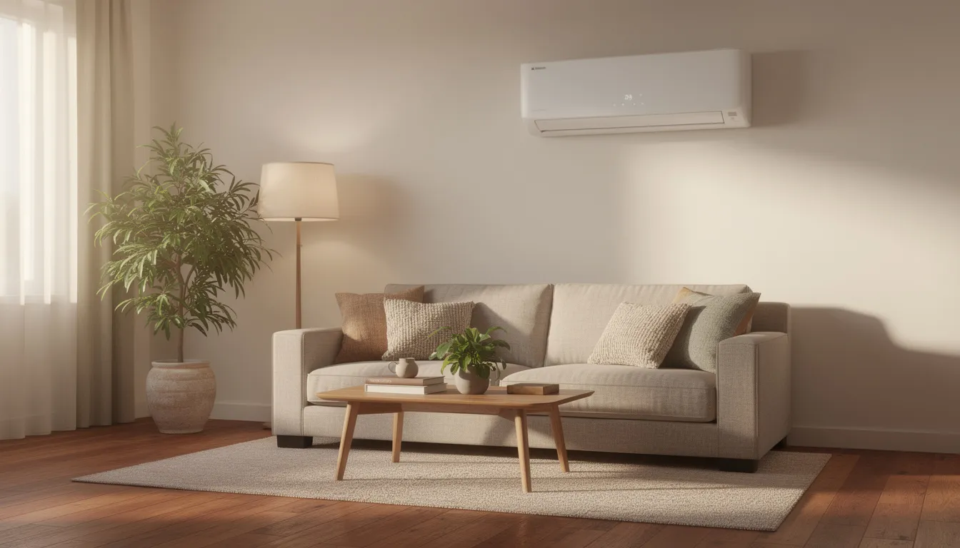 How to Clean Mitsubishi Heat Pump Filters 2 The image shows a wall-mounted Mitsubishi mini-split heat pump in a cozy living room with hardwood floors, providing efficient air conditioning. Regular maintenance, including cleaning the air filters, is essential for optimal performance and to ensure reduced airflow caused by dust and debris.