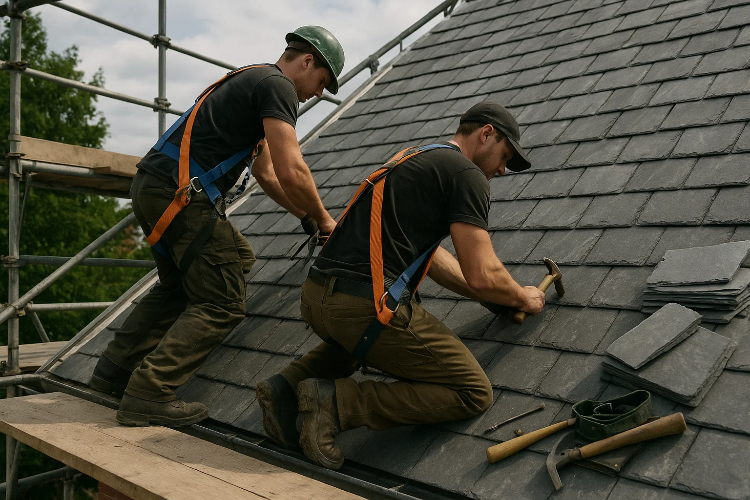 Roofersinstalling slate tiles on a steep pitched roof in the UK using specialist tools.