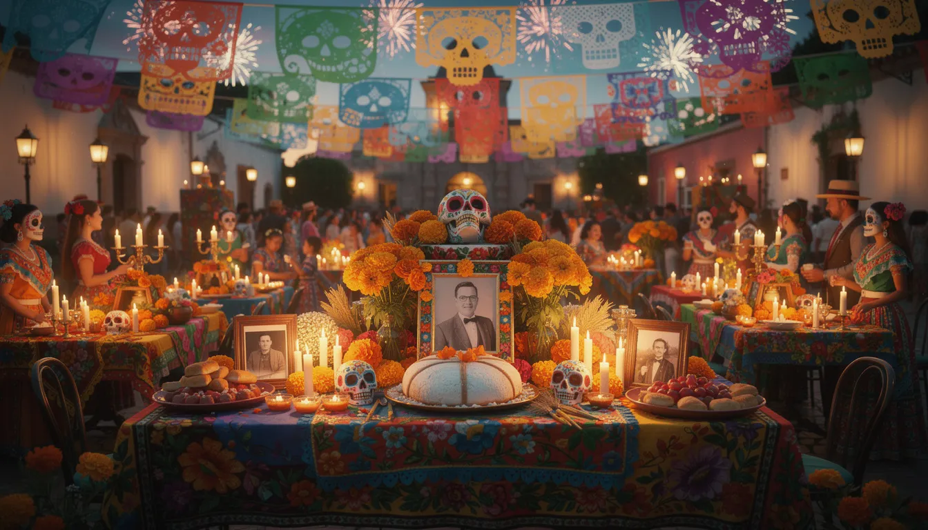 En festlig scen från Día de los Muertos med färgglada papel picado-dekorationer och ringblommor, som skapar en livlig och traditionell atmosfär. Denna bild fångar den kulturella rikedom som firandet innebär, perfekt för att inspirera till spel med Thunderkick slots och deras unika teman.