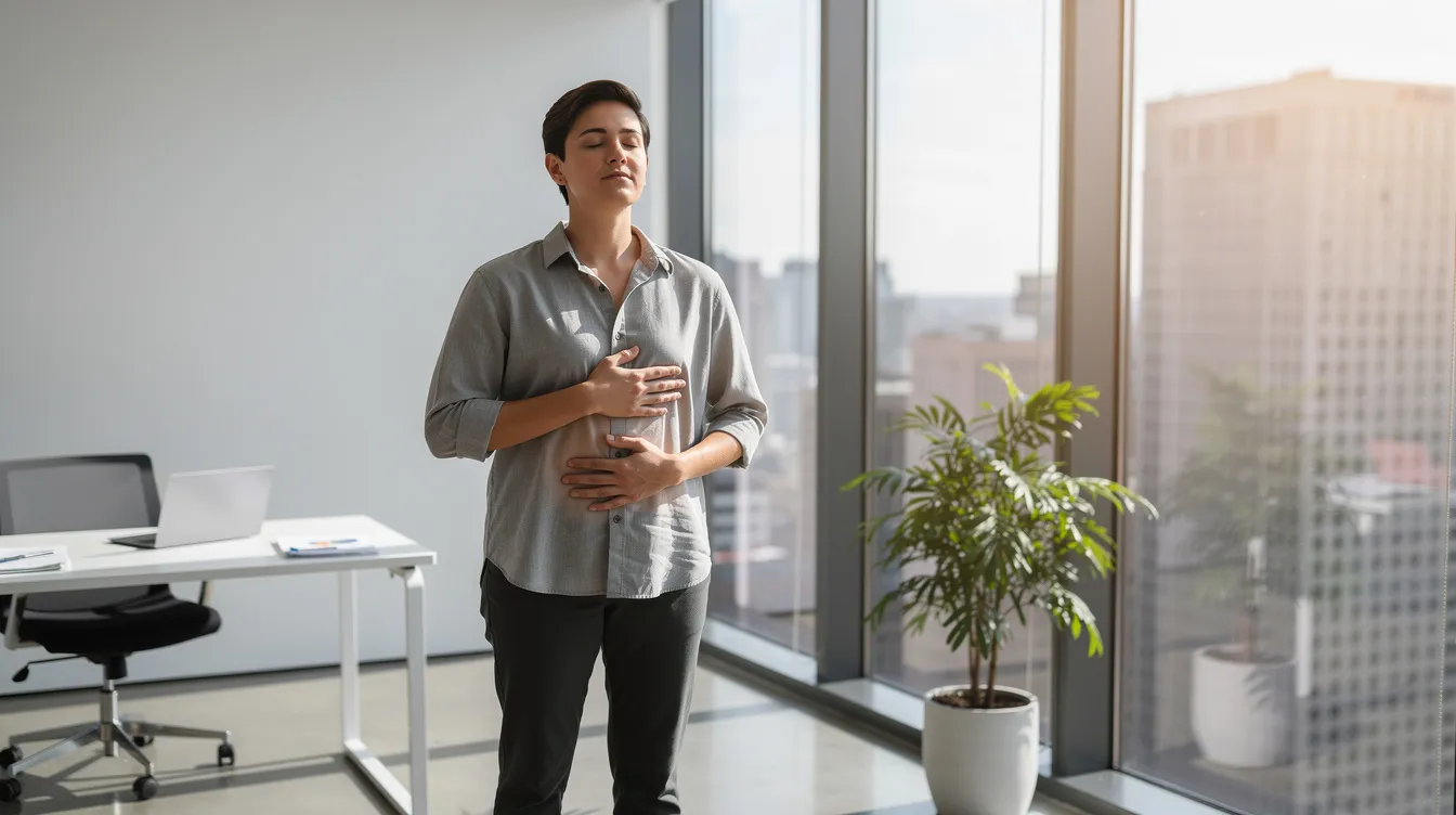 Une personne pratique un exercice de respiration près d'une grande fenêtre dans un bureau moderne, où la lumière naturelle inonde l'espace. Cette scène évoque l'importance de prendre du recul au travail pour gérer le stress et favoriser le bien-être mental.