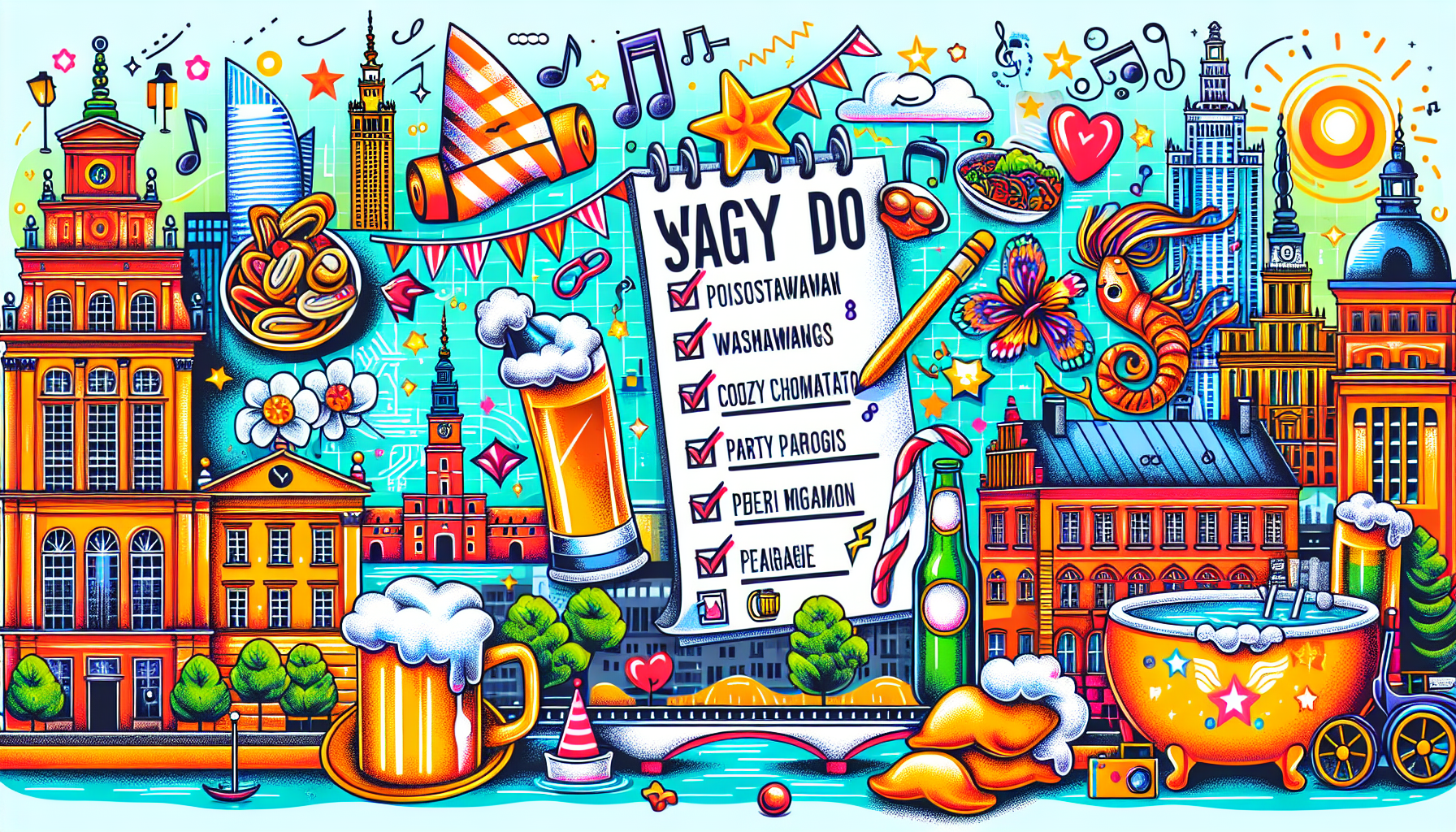 A creative illustration of tips for planning a stag do in Warsaw, featuring a checklist and travel elements.