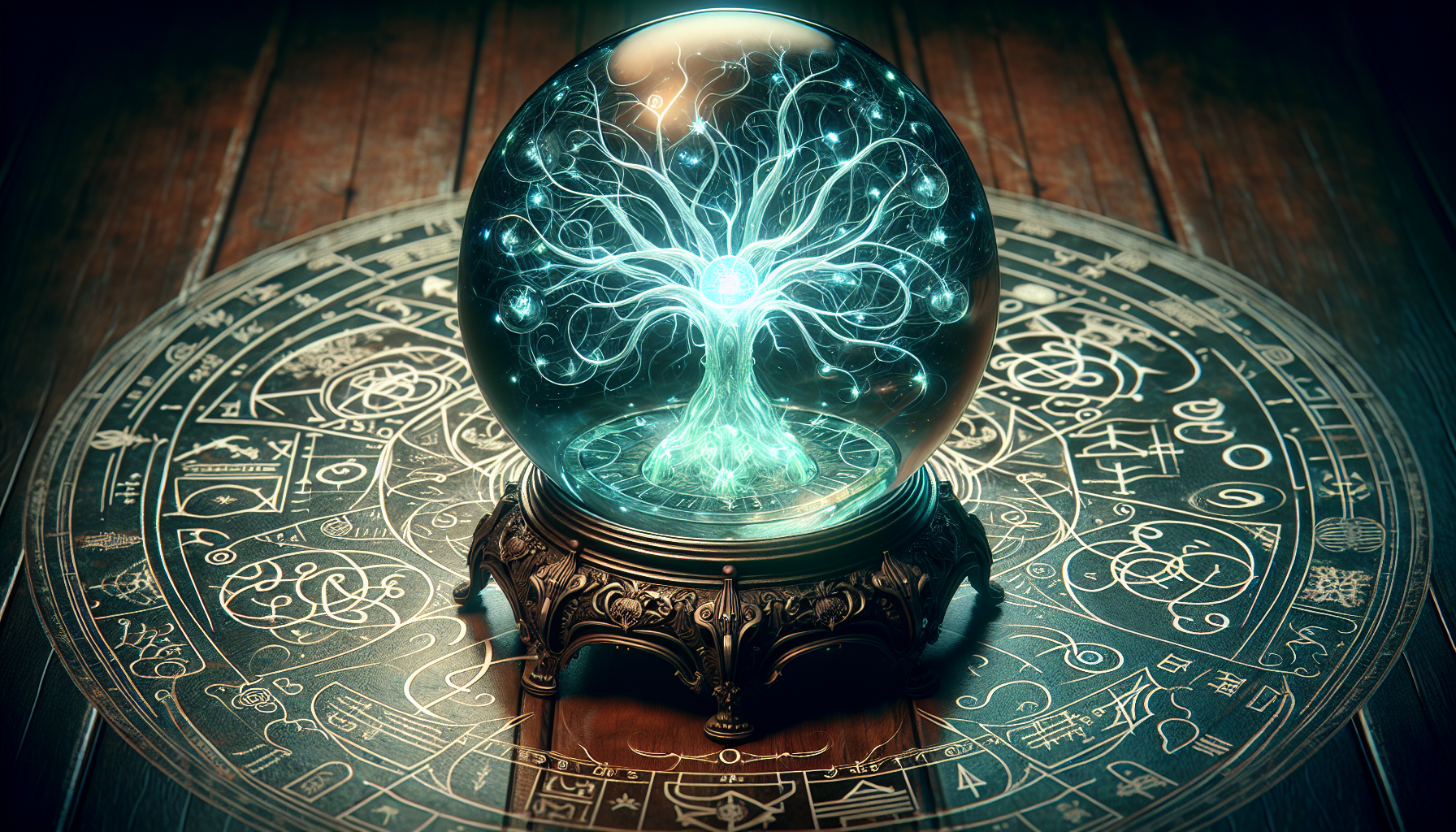 Illustration of a crystal ball surrounded by mystical symbols