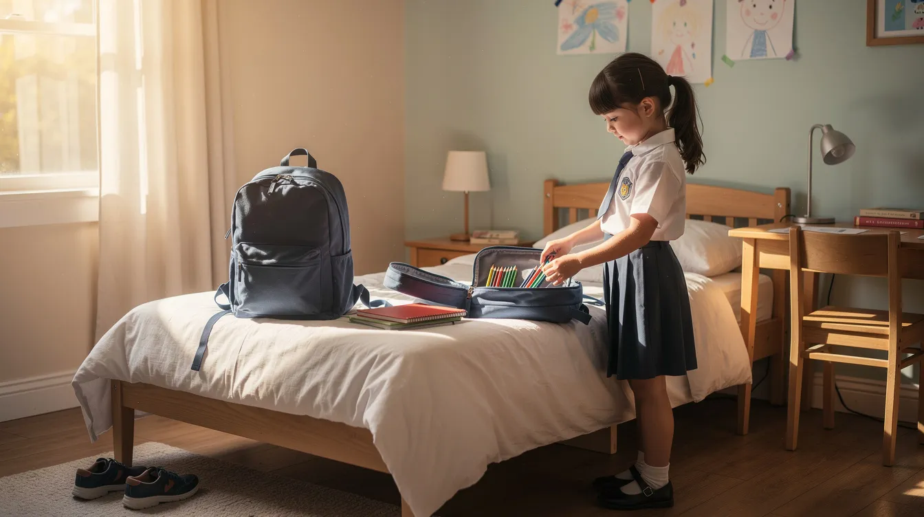 A young child in a school uniform is carefully packing a backpack in a calm morning light bedroom, embodying the confidence and focus needed for a successful academic journey. This scene reflects the importance of building self-belief and a positive self-image as students prepare to face new challenges in their learning.