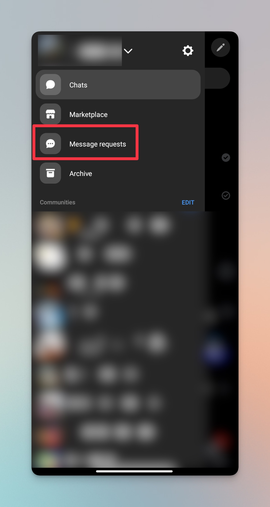 Remote.tools showing "message requests" menu on Facebook messenger for android