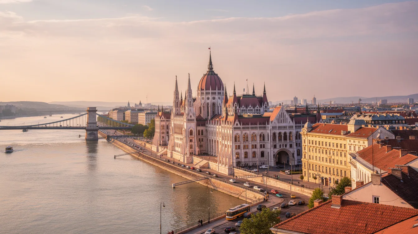 L'image montre un paysage emblématique de la Hongrie, avec des bâtiments historiques typiques et le fleuve Danube qui traverse la ville. Ce cadre pittoresque illustre la richesse culturelle et l'attrait de l'enseignement supérieur en Hongrie, notamment à l'université de Szeged, une destination prisée par les étudiants internationaux.