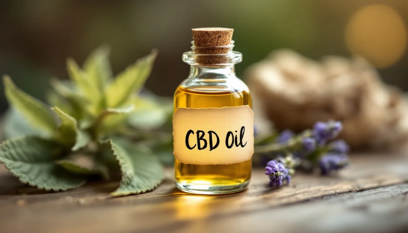 Een flesje CBD olie staat op een houten tafel naast een kopje groene thee, omringd door gedroogde bladeren van kruiden zoals kamille en pepermunt. De combinatie biedt een ontspannend drankje met de voordelen van CBD, ideaal voor een goede nachtrust.