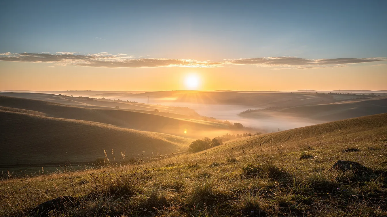The image depicts a golden sunrise illuminating a vast open landscape with rolling hills, symbolizing the dawn of a new day and the hope found in God's kingdom. This serene scene evokes a sense of peace and the promise of renewal, reflective of the teachings of Jesus Christ and the grace of God's reign on earth.