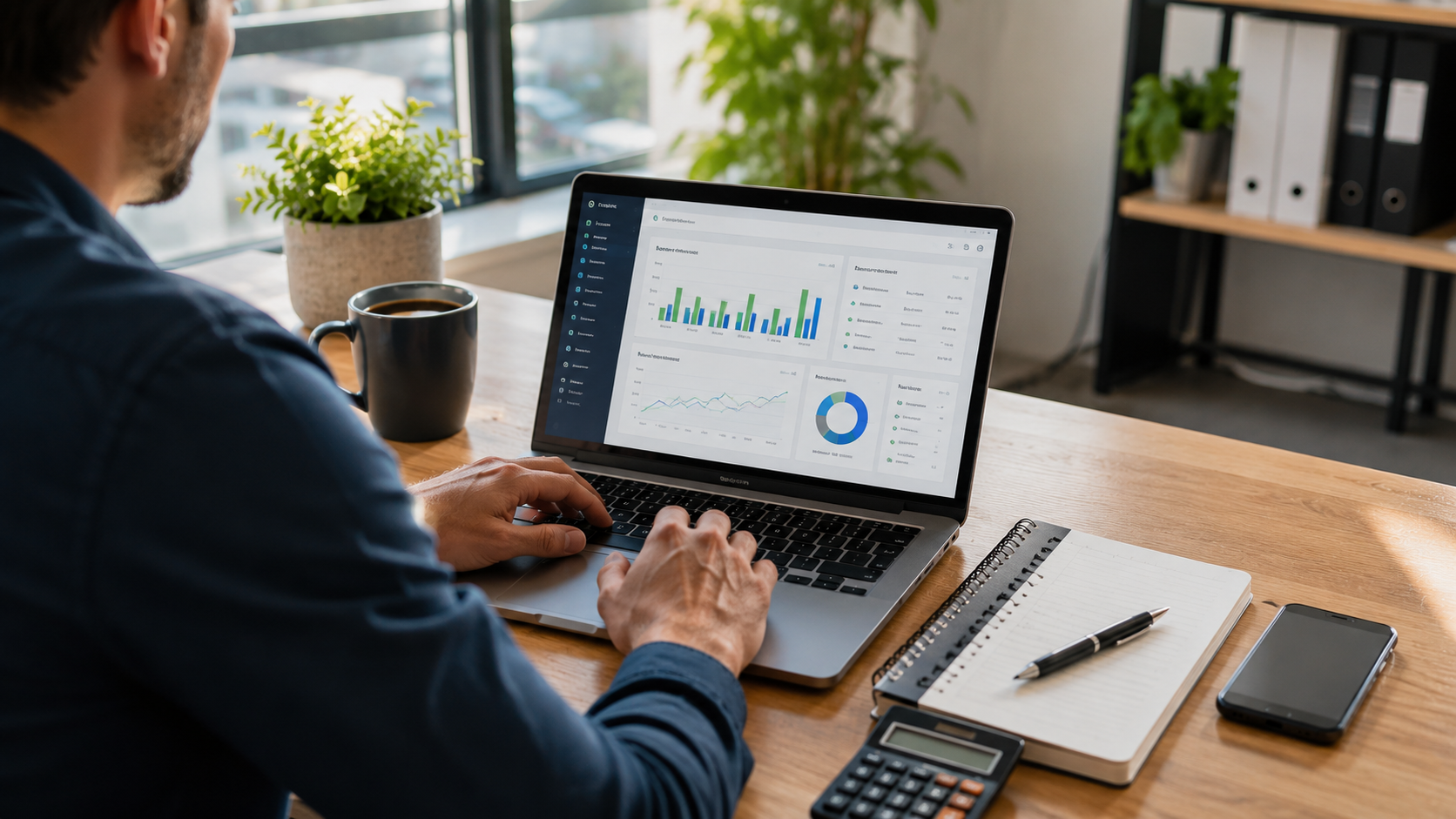 Business owner using accounting software on a laptop to manage finances and digital records in a modern office.
