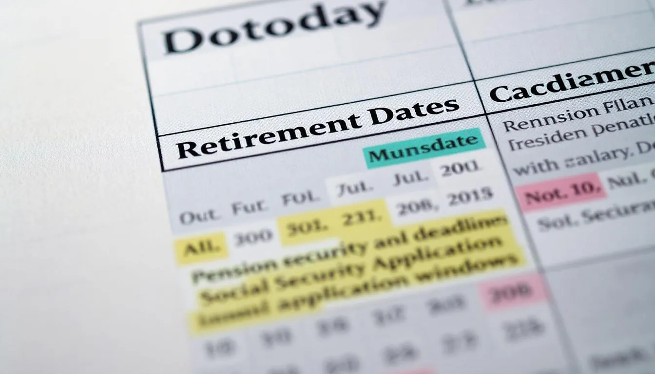 The image depicts a calendar highlighting important retirement dates and deadlines, including the first required minimum distribution (RMD) age of 73, and key milestones for retirement accounts such as traditional IRAs and Roth IRAs. It serves as a visual guide for retirement planning, emphasizing the significance of tax deferred retirement accounts and the required minimum distribution rules.