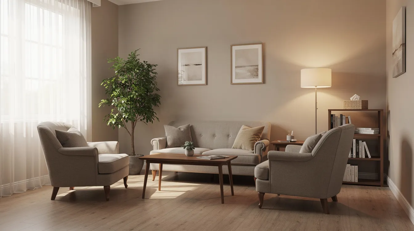 The image depicts a calm therapy office featuring comfortable seating and ample natural light, creating a welcoming environment for mental health professionals to conduct cognitive therapy sessions. This serene setting is ideal for individuals seeking treatment for post traumatic stress disorder and managing symptoms related to traumatic events.