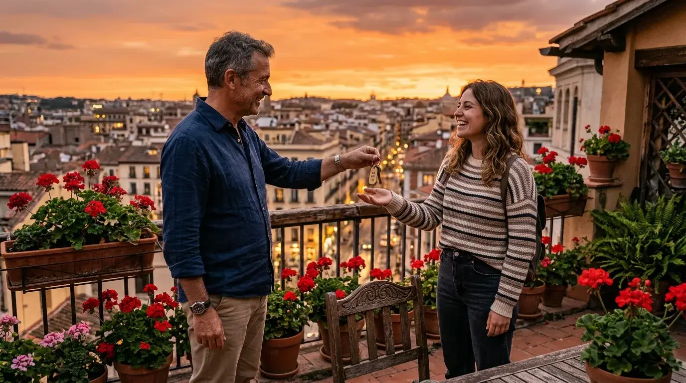 Host handing house keys to a smiling guest on a rooftop terrace in an Italian city