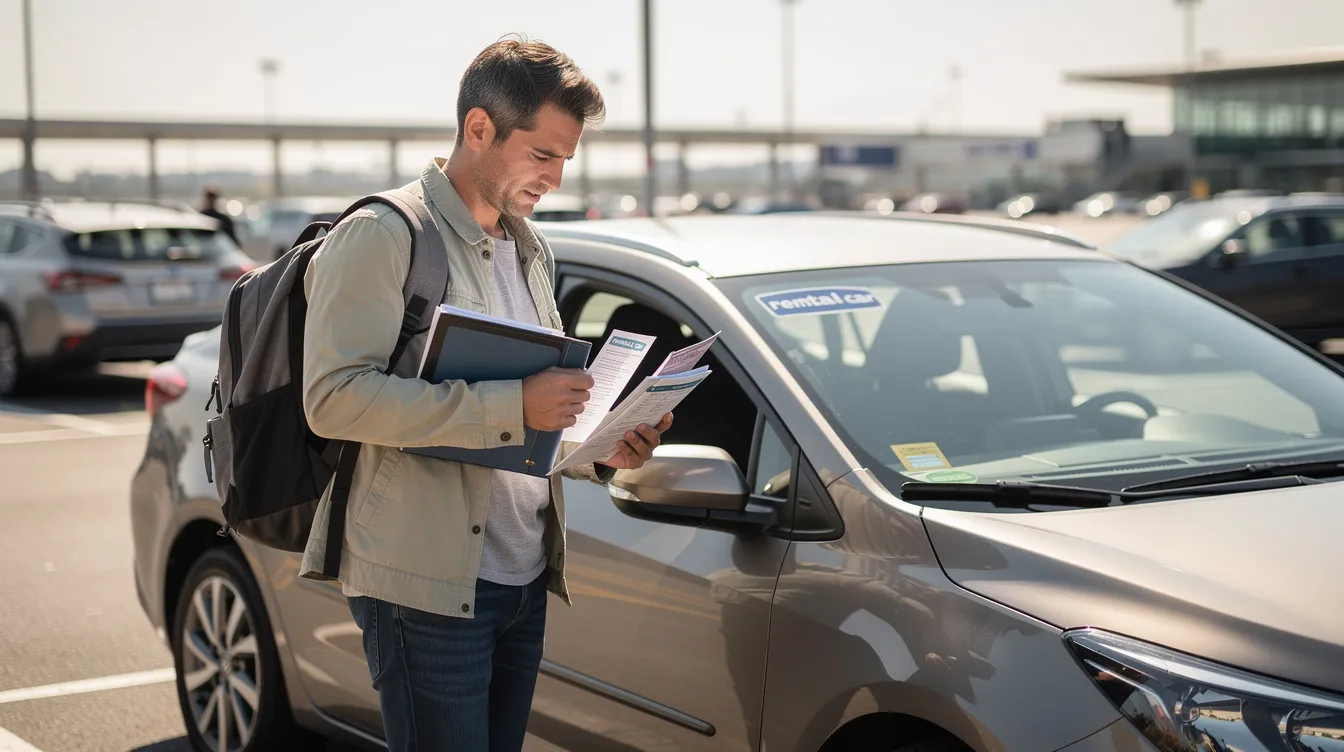 Un voyageur consulte des documents près d'une voiture de location, probablement pour finaliser les détails de sa réservation. On peut apercevoir des éléments liés à la location, tels que des brochures d'assurance et des cartes de paiement, mettant en avant des options haut de gamme comme la carte visa platinum.