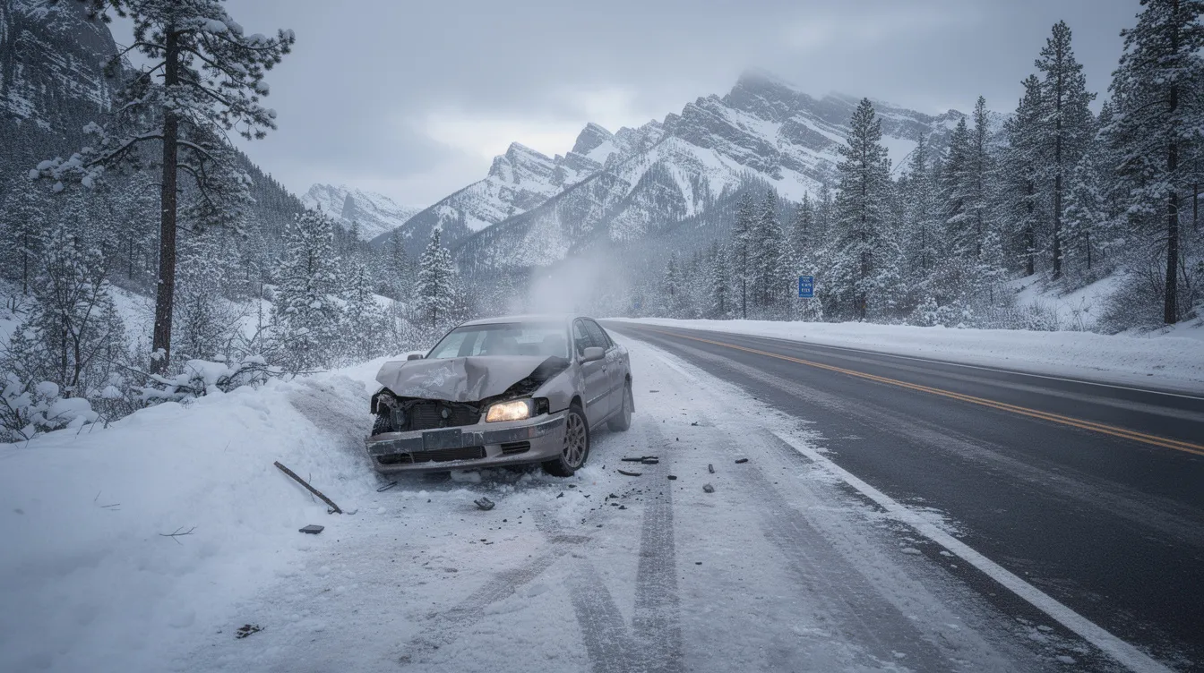 The image shows a damaged car on a snowy two-lane highway in Colorado, with majestic mountains in the background. This scene could evoke thoughts about car accident injuries, including serious injuries like broken bones or whiplash, highlighting the potential dangers of motor vehicle accidents in harsh weather conditions.