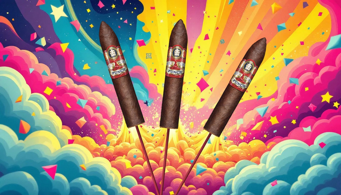 An assortment of colorful punch bottle rockets displayed in a vibrant setting.