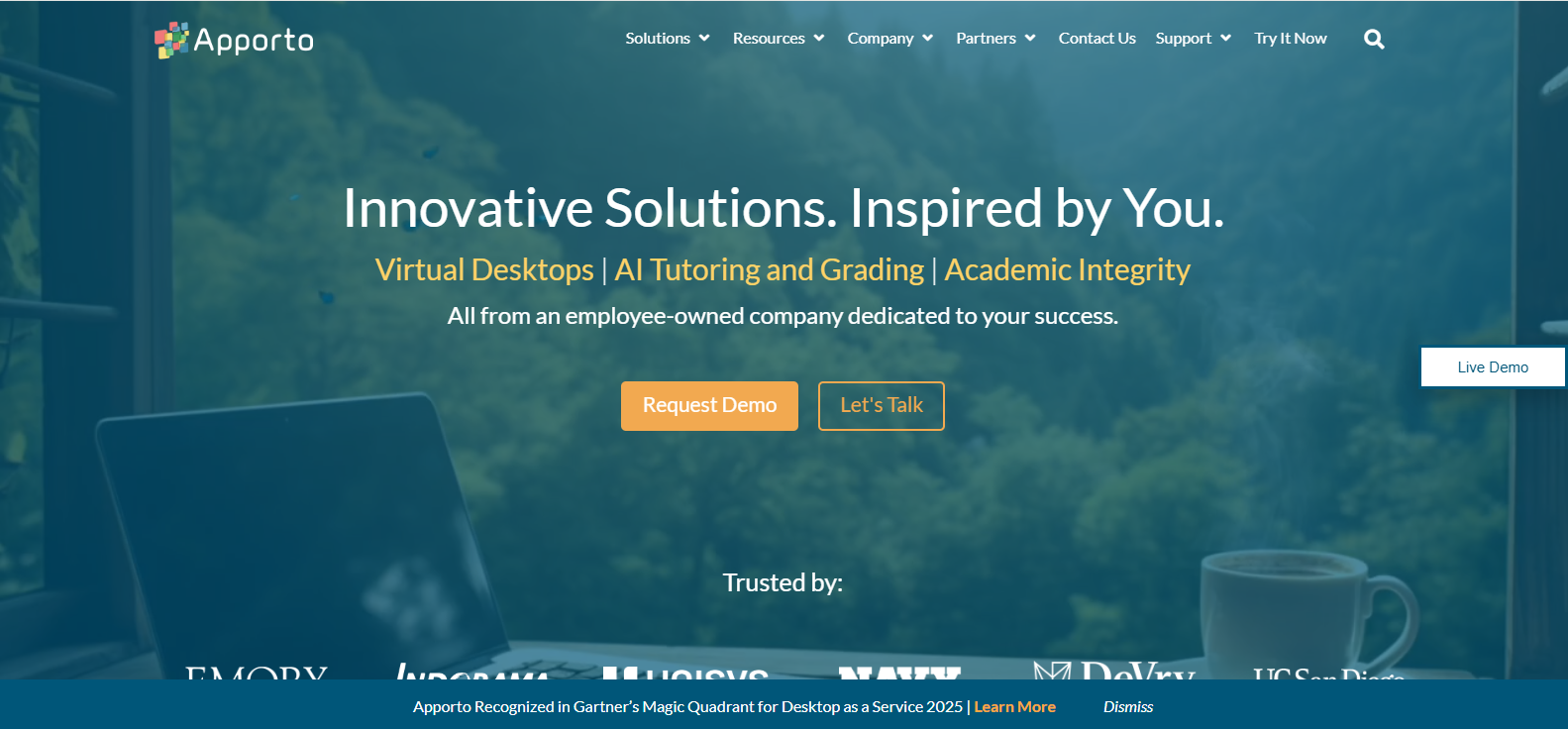 Apporto homepage featuring cloud-based virtual desktops and AI-powered workspace solutions for developers and remote teams.