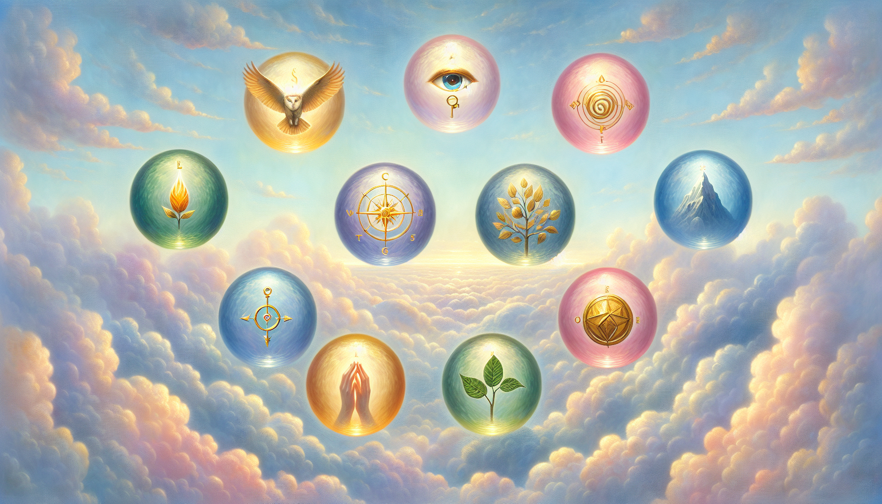 Seven gifts of the Holy Spirit depicted as ethereal symbols