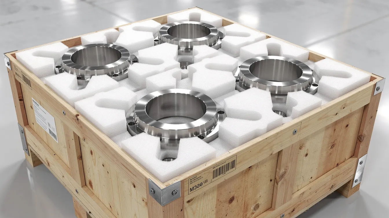 The image features carefully packaged metal parts placed in wooden export crates, with foam padding visible for protection. This setup highlights the attention to detail in custom sheet metal fabrication, ensuring that precision sheet metal parts are safely transported for various industrial applications.