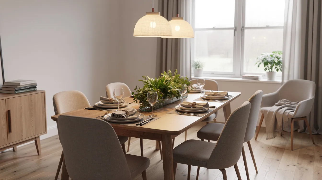The image showcases a beautifully styled dining area within a lived-in home, featuring a neatly set table adorned with high-end furnishings and a fresh greenery centerpiece. Soft pendant lighting casts a warm glow over the neutral-toned space, creating an inviting atmosphere ideal for home staging to attract buyers in the Louis market.