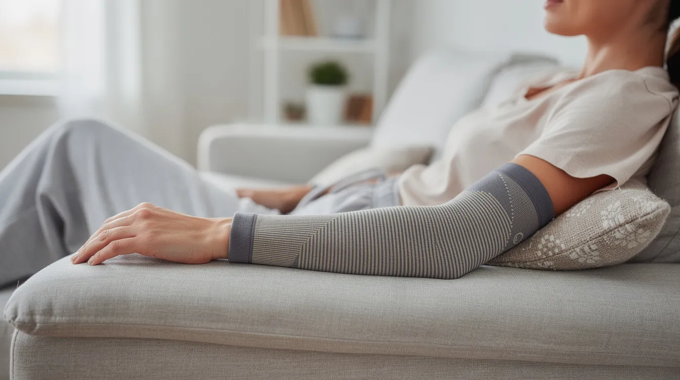 A person is wearing a compression sleeve on their arm while relaxing, which is often recommended after arm liposuction surgery to help reduce swelling and promote healing. The compression garment aids in achieving toned arms and supports the body contouring process following the removal of excess fat and skin.