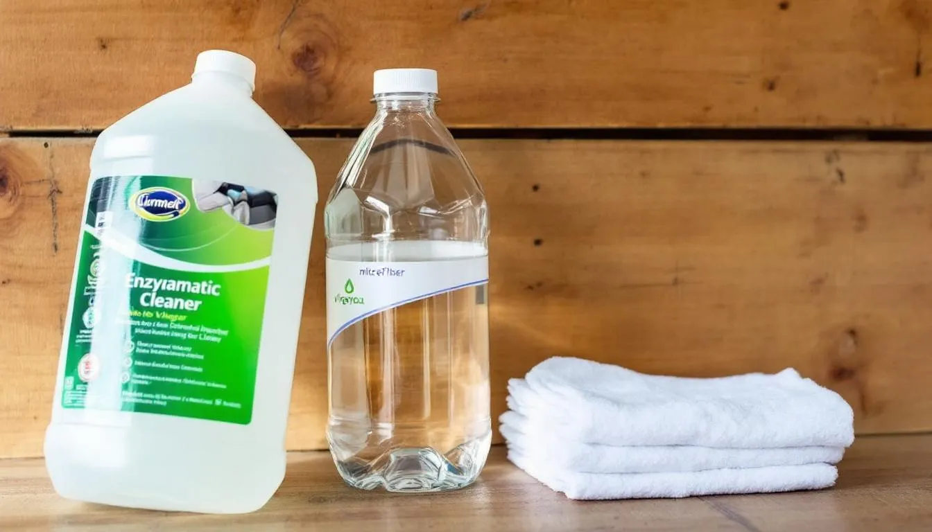 The image features an assortment of carpet cleaning supplies, including a spray bottle of enzymatic cleaner, white vinegar, and microfiber cloths, all neatly arranged on a table. These products are essential for pet owners dealing with dog vomit stains and unpleasant odors on carpets.