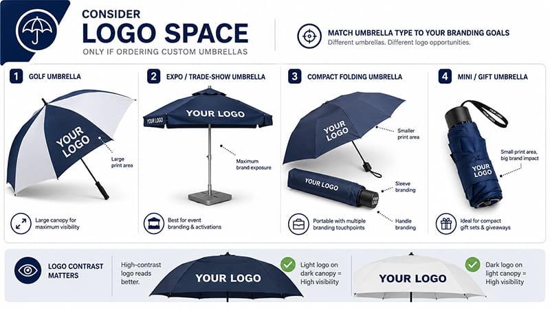 Custom umbrella logo space comparison for golf, expo, folding, and mini umbrellas