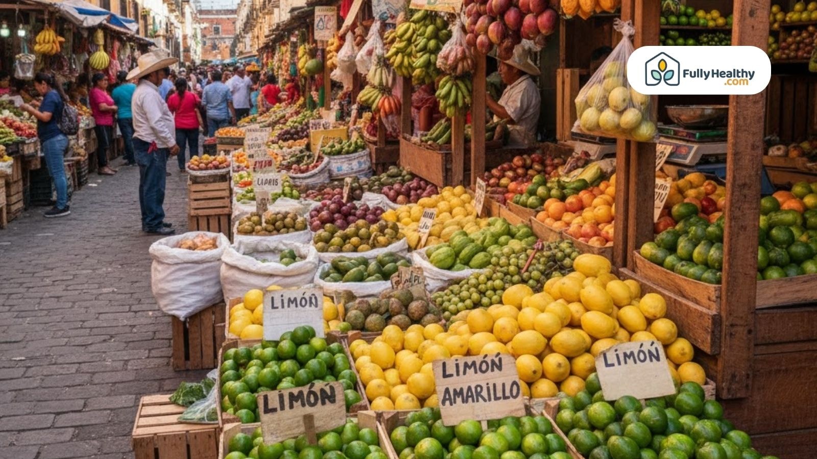 Street market in Mexico with labeled limón and limón amarillo fruits