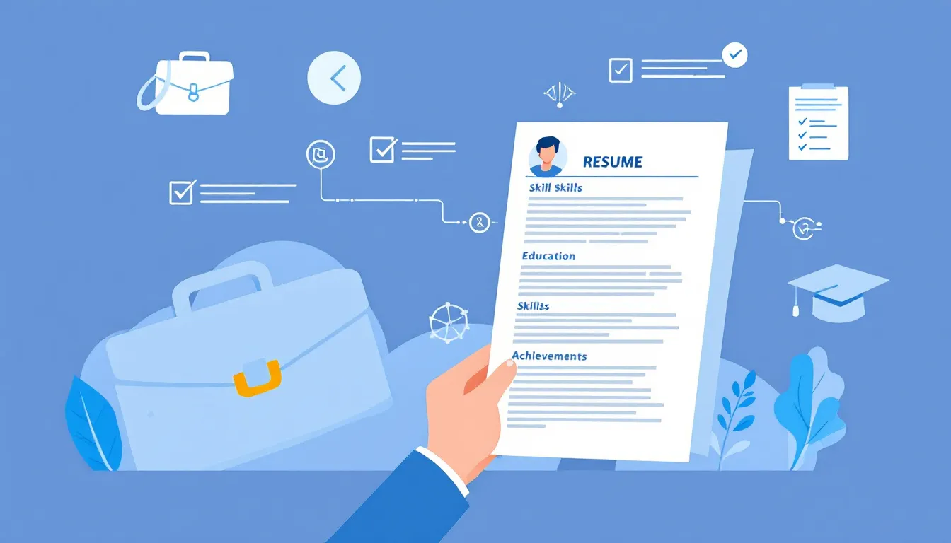 The image depicts a person sitting at a desk, focused on their laptop while reviewing a resume and job postings. Surrounding them are notes and a cover letter, illustrating the process of preparing for entry level jobs and enhancing their job search strategy in a competitive job market.