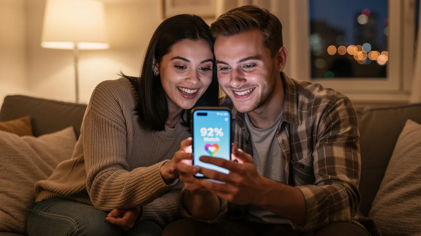 A couple sits together, excitedly reviewing their compatibility score on a love calculator app, which reflects their connection and potential for a strong relationship. They share laughter and conversation, exploring their differences and interests in a fun way as they consider their love story.
