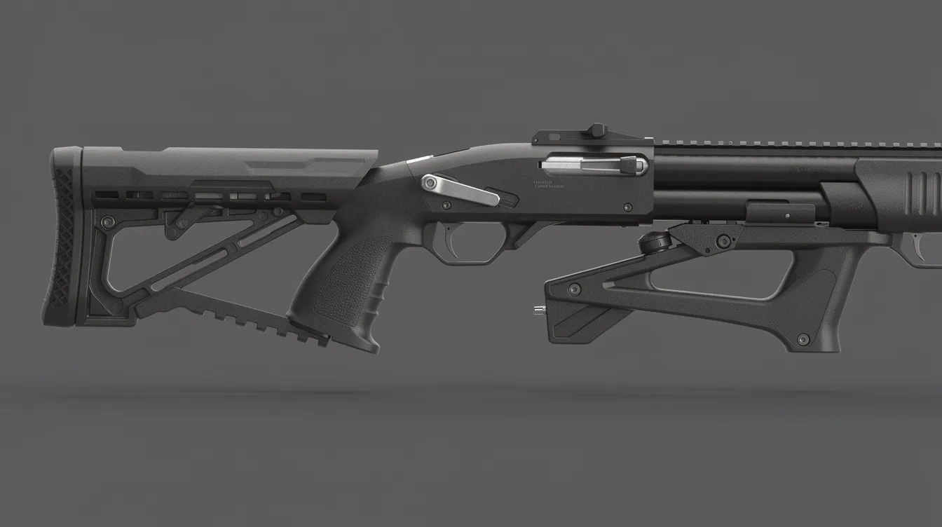 The image features an adjustable tactical stock mounted on an airsoft shotgun, demonstrating both the extended and collapsed positions. This accessory enhances the airsoft gun's performance, allowing for better handling and adaptability during gameplay.